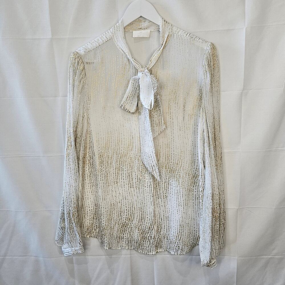 7 For All Mankind Tie Front Blouse Sheer Button Up White Gold Large